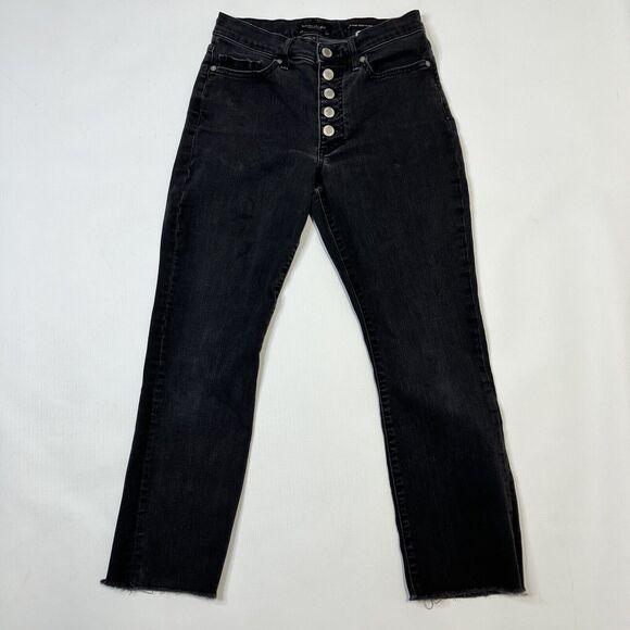 Banana Republic Mid Rise Crop Flare Jeans Black Faded Size 27 X 24 Button Fly - Picture 1 of 13